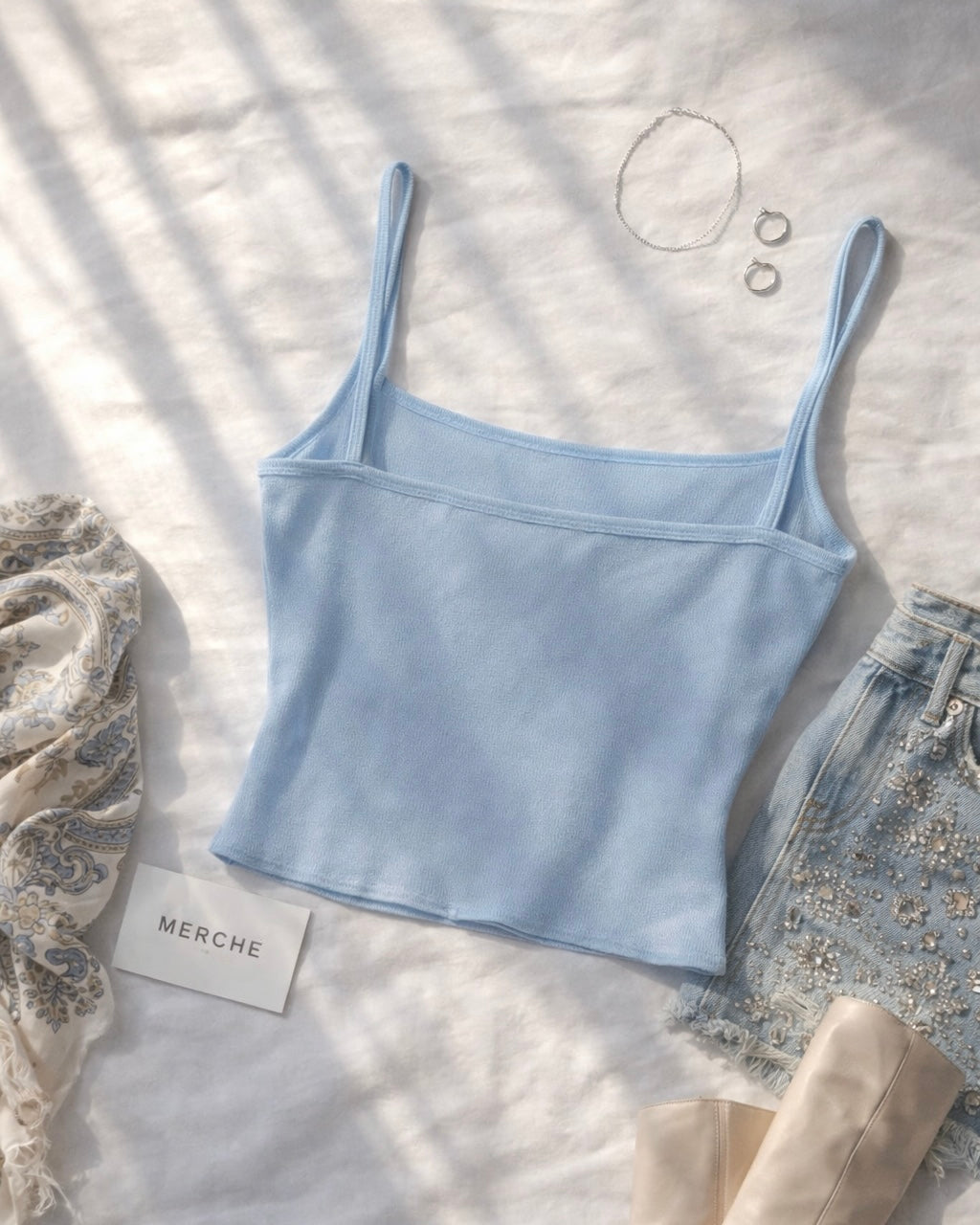 WINGS OF MINE MESH DRAPE LIGHT BLUE CAMI TOP
