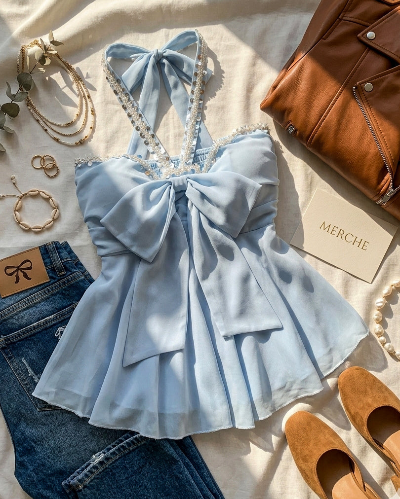 PRETTY TWICE PADDED SHIMMER DETAIL BOW BLUE HALTERNECK TOP