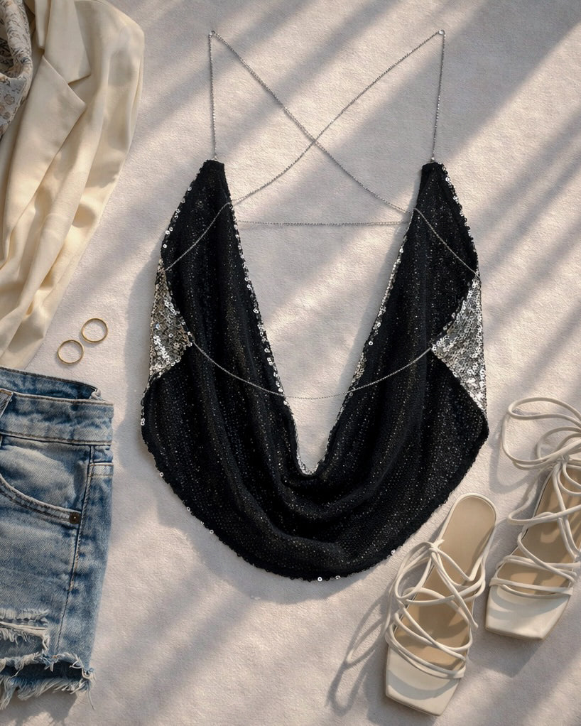 SAVAGE MOVE SEQUIN CHAIN COWL BACKLESS TOP