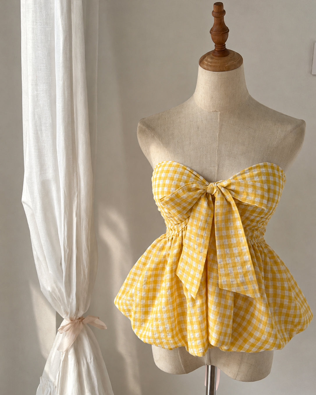 CHECKMATE BABE PADDED BOW YELLOW GINGHAM TOP