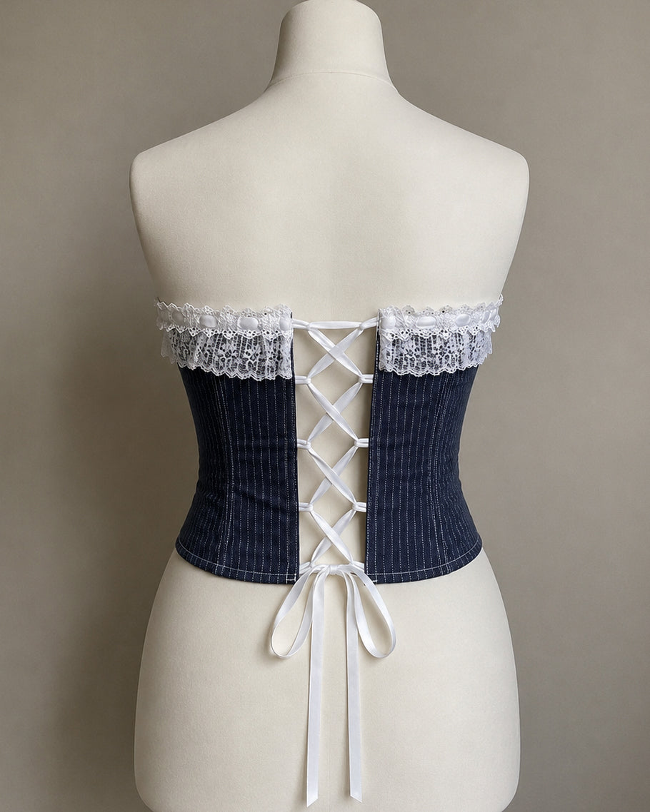 HOT TAKE PINSTRIPE LACEY INDIGO CORSET