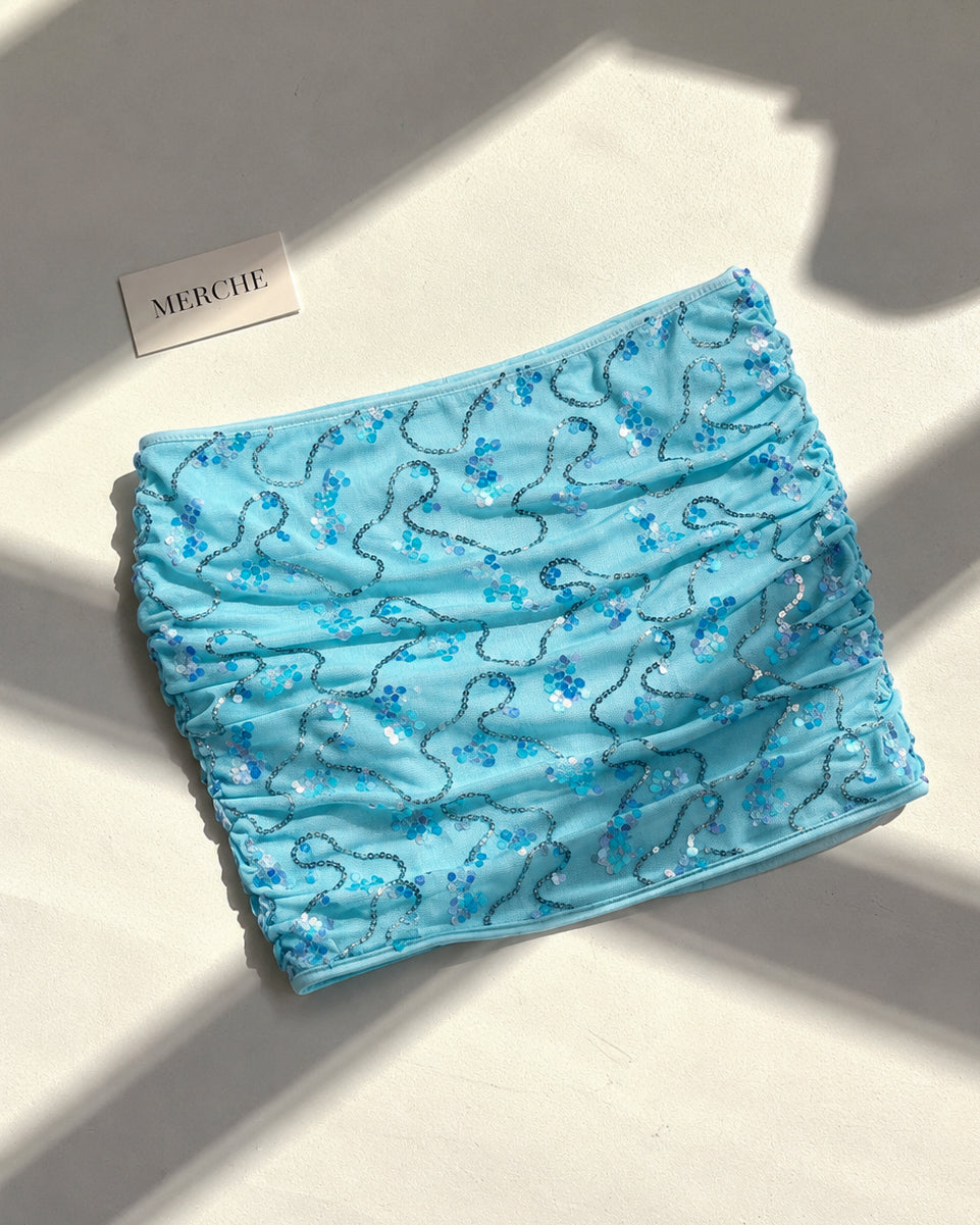 SIREN SEASON SEQUIN EMBELLISHED BLUE RUCHED SKIRT