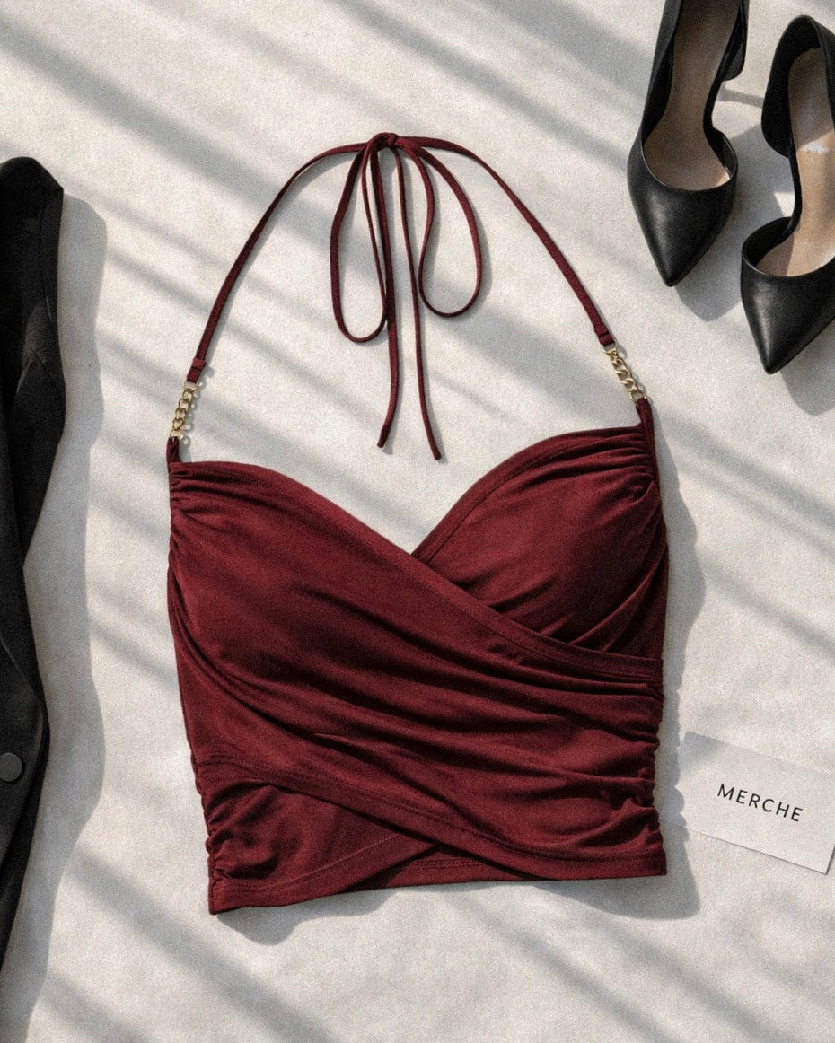 HYPERPOP DRAPE MAROON HALTERNECK TOP