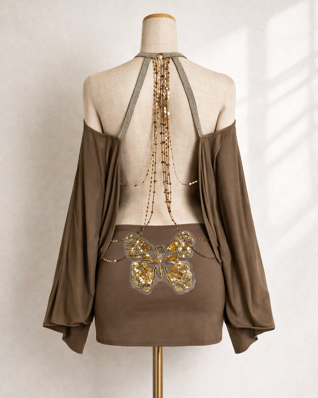 ICONS ONLY EMBELLISHED OPEN-BACK EMBROIDERED BROWN DRESS