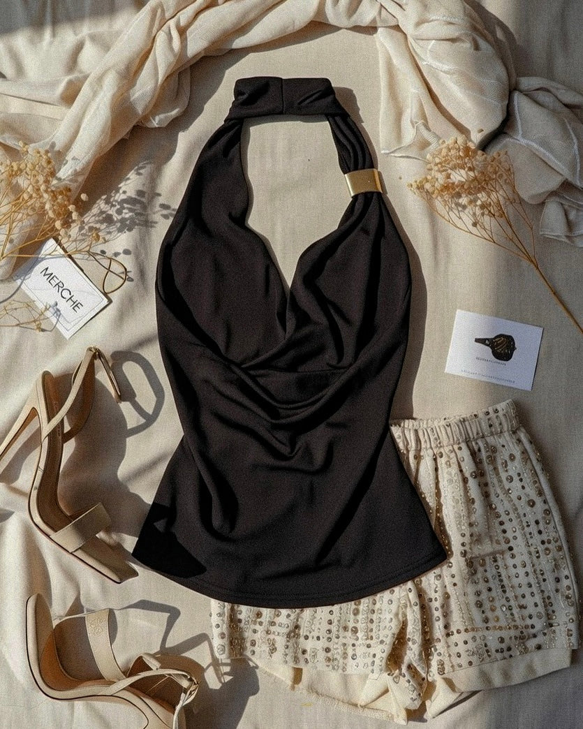 FOR THE GRAM COWL METAL DETAIL BLACK HALTERNECK TOP