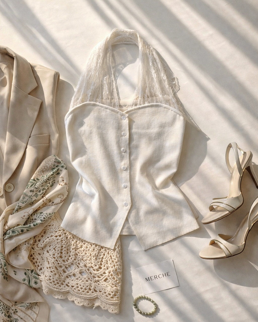 HIDDEN AGENDA LACE DETAIL KNITTED LUXE HALTERNECK WHITE TOP