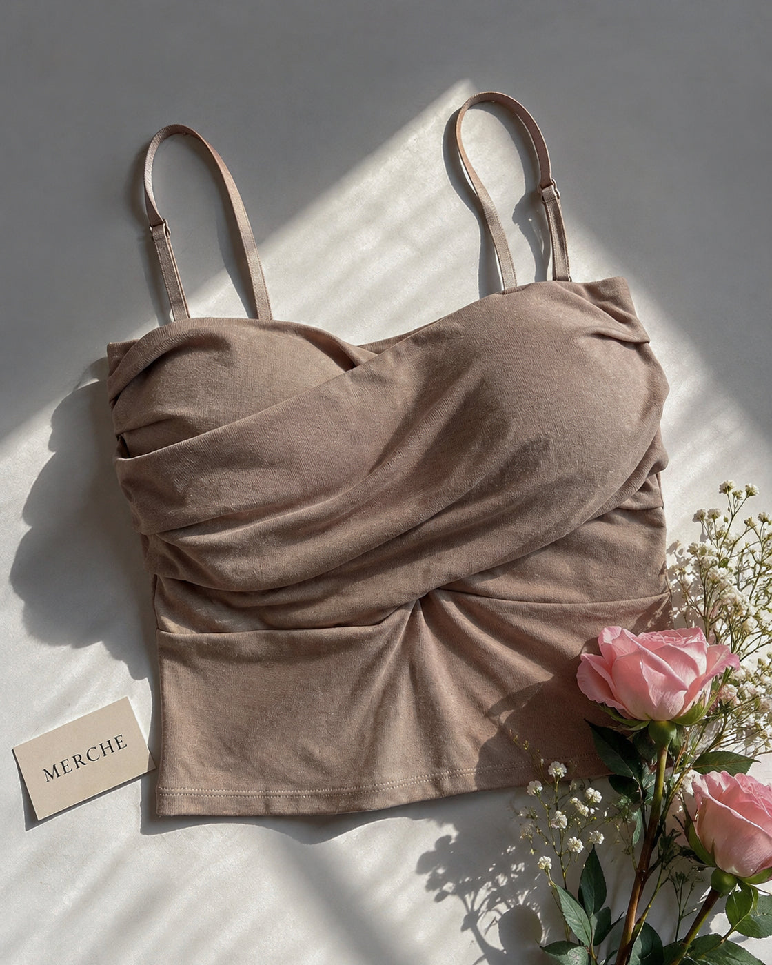 BEER & PIZZA NIGHT PADDED TAUPE TWISTED DRAPE CAMI TOP
