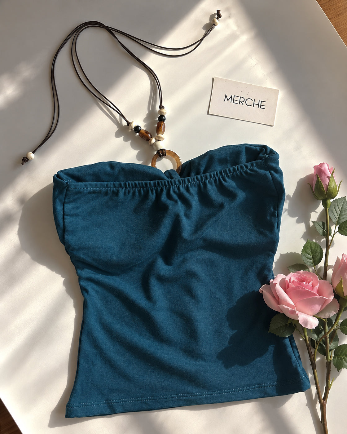 BOHO ROUTE PADDED BEADED TIE-UP TURQUOISE BANDEAU TOP