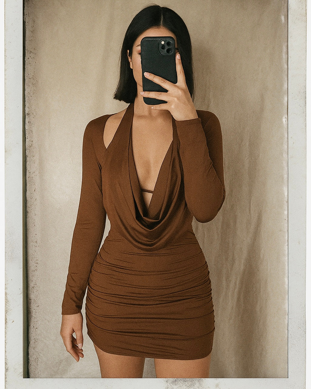 CHIC BUSINESS BROWN COWL DRESS