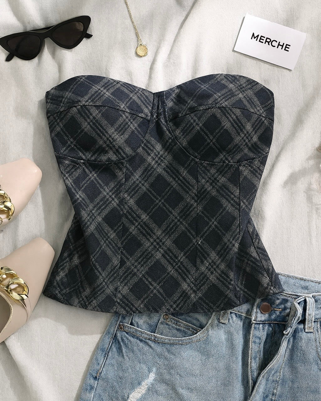 DEVIL WEARS NADA PLAID PADDED BUSTIER TOP