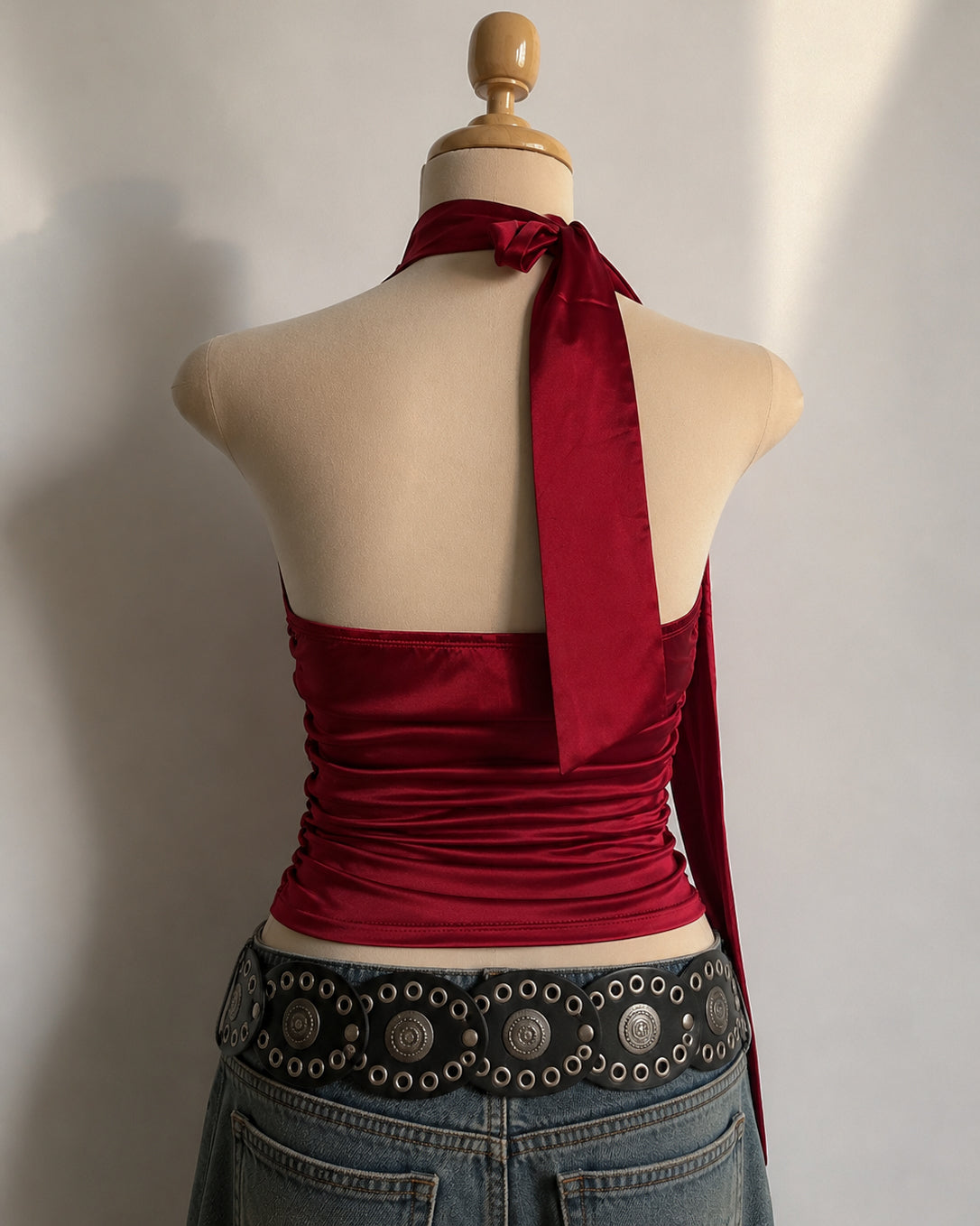 BFF TWINNING LUXE SATIN LONG STRAPS HALTERNECK BERRY RED TOP