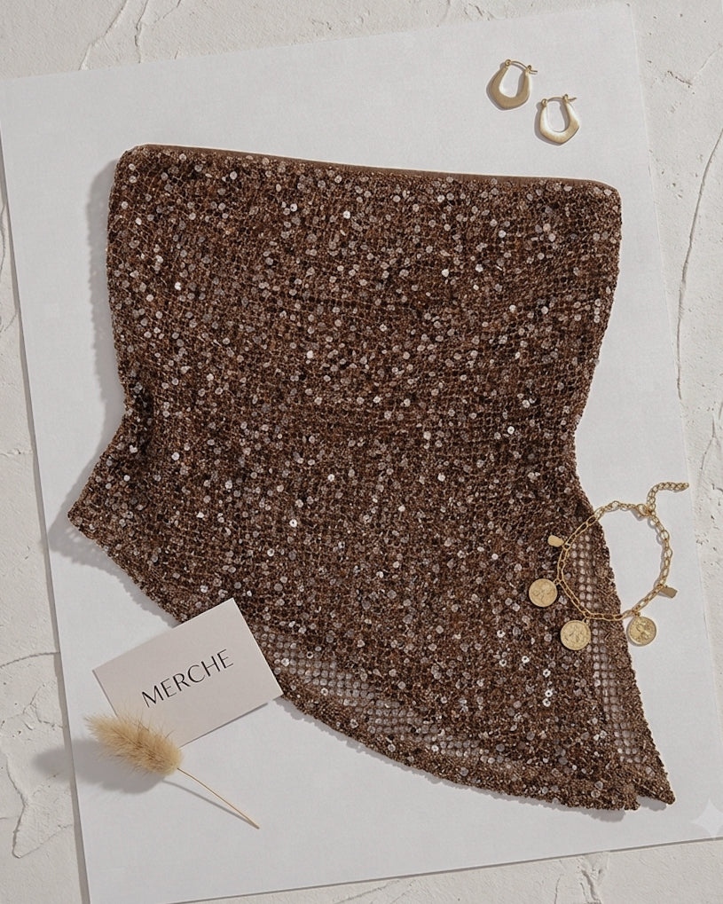 HAUNT ME BABY SEQUIN EMBELLISHED KNITTED ASYMMETRICAL BANDEAU TOP
