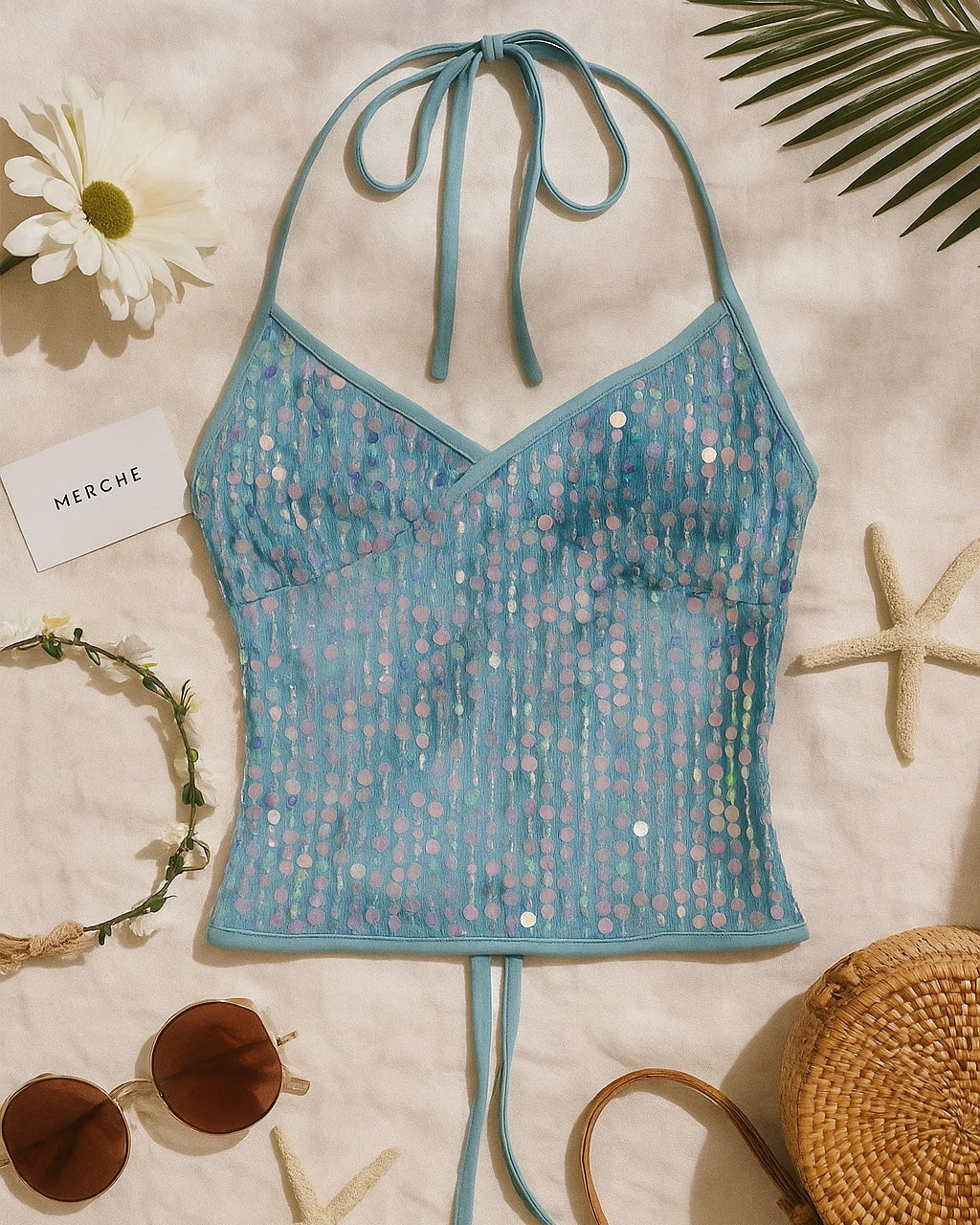 MERMAID CALL SEQUIN EMBELLISHED TIE-BACK TOP