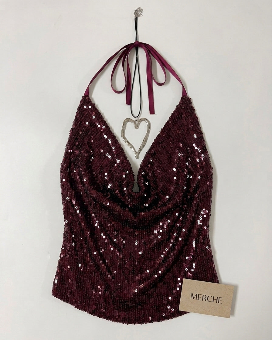 SLAY O CLOCK LUXE SEQUIN EMBELLISHED HALTERNECK TOP