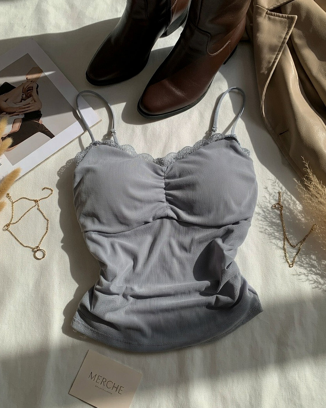 MOVIE NIGHT PADDED MESH DETAIL GREY CAMI TOP