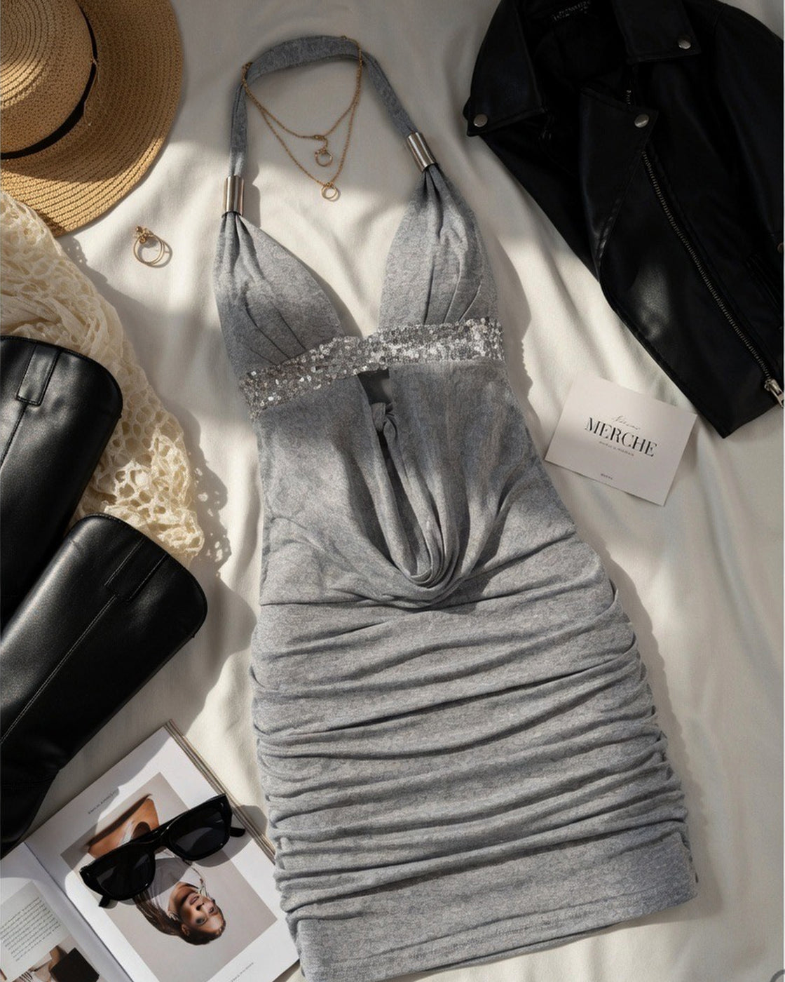 SHE’S A LEGEND SEQUIN DETAIL GREY BACKLESS HALTERNECK DRESS