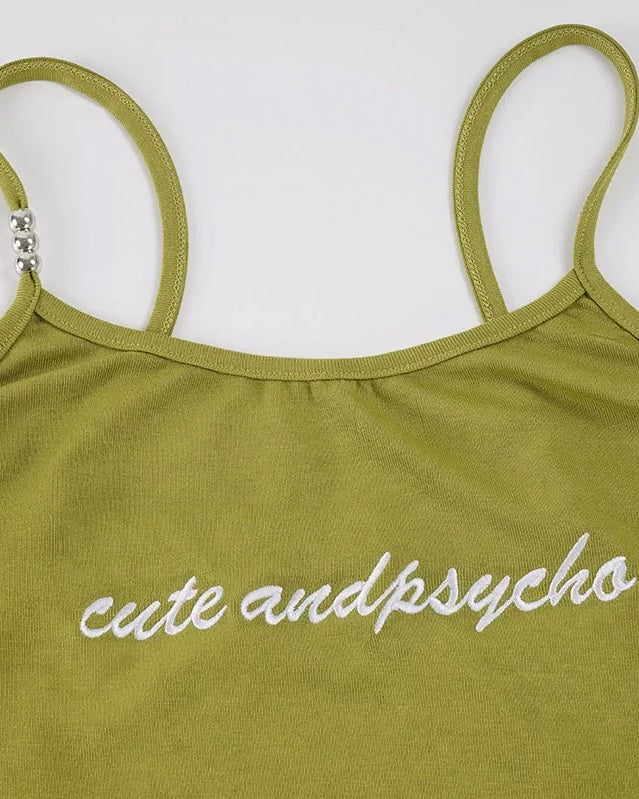 CUTE AND PSYCHO SLOGAN EMBROIDERED LIME GREEN CAMI TOP