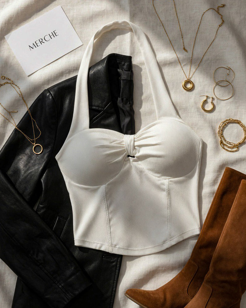 PEOPLE PLEASER PADDED WHITE HALTERNECK TOP
