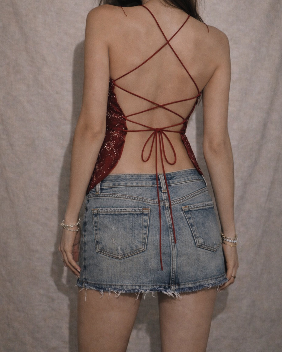 SHOTS ON ME EMBROIDERED DEEP RED CROSSBACK TOP