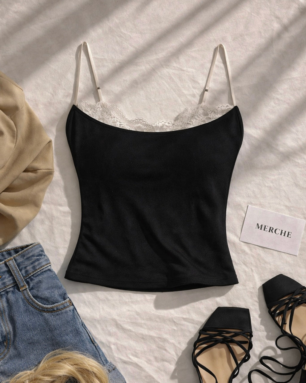 LIKE LOVERS DO LACE DETAIL BLACK CAMI TOP