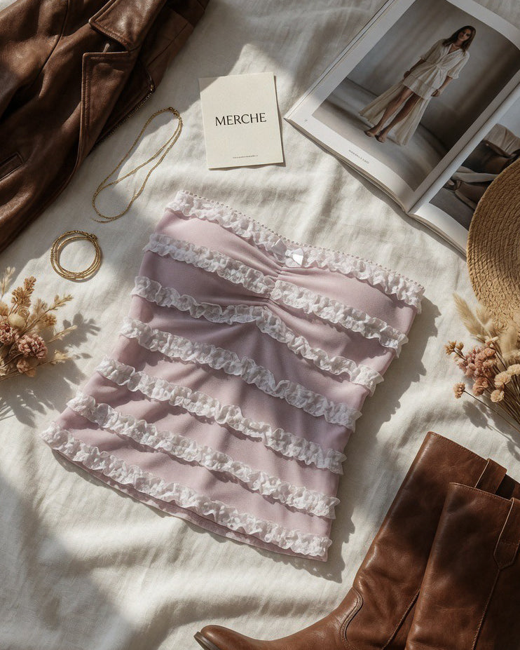 YOUR GIRL LACEY FRILL SOFT PINK BANDEAU TOP
