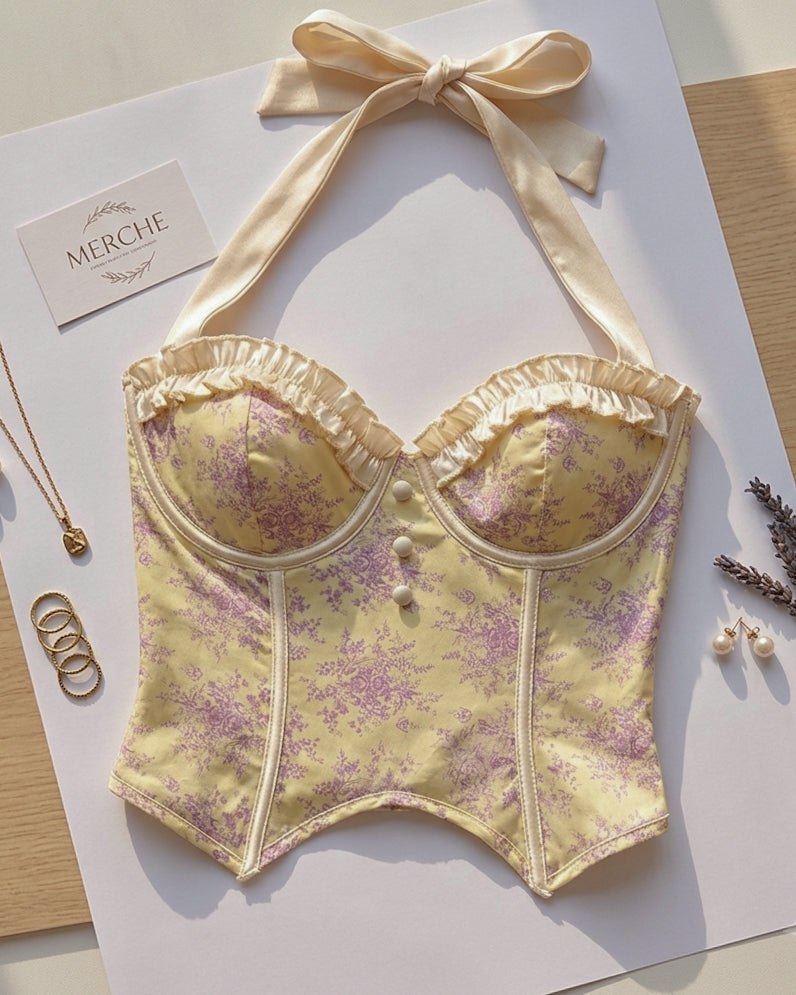 PRETTY GIRL SUMMER BONING DETAIL HALTERNECK LAVENDER FLORAL TOP