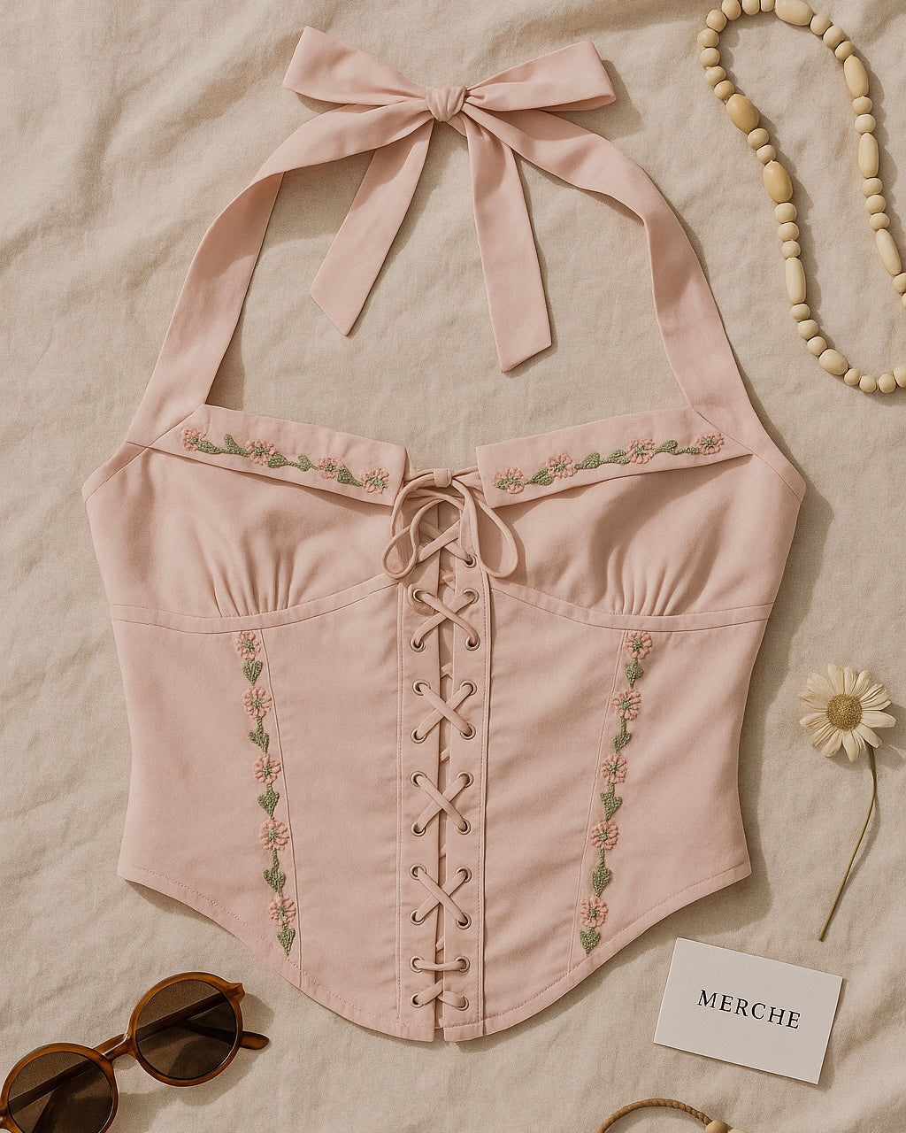 GIRL NEXT DOOR PINK EMBROIDERED HALTERNECK TOP