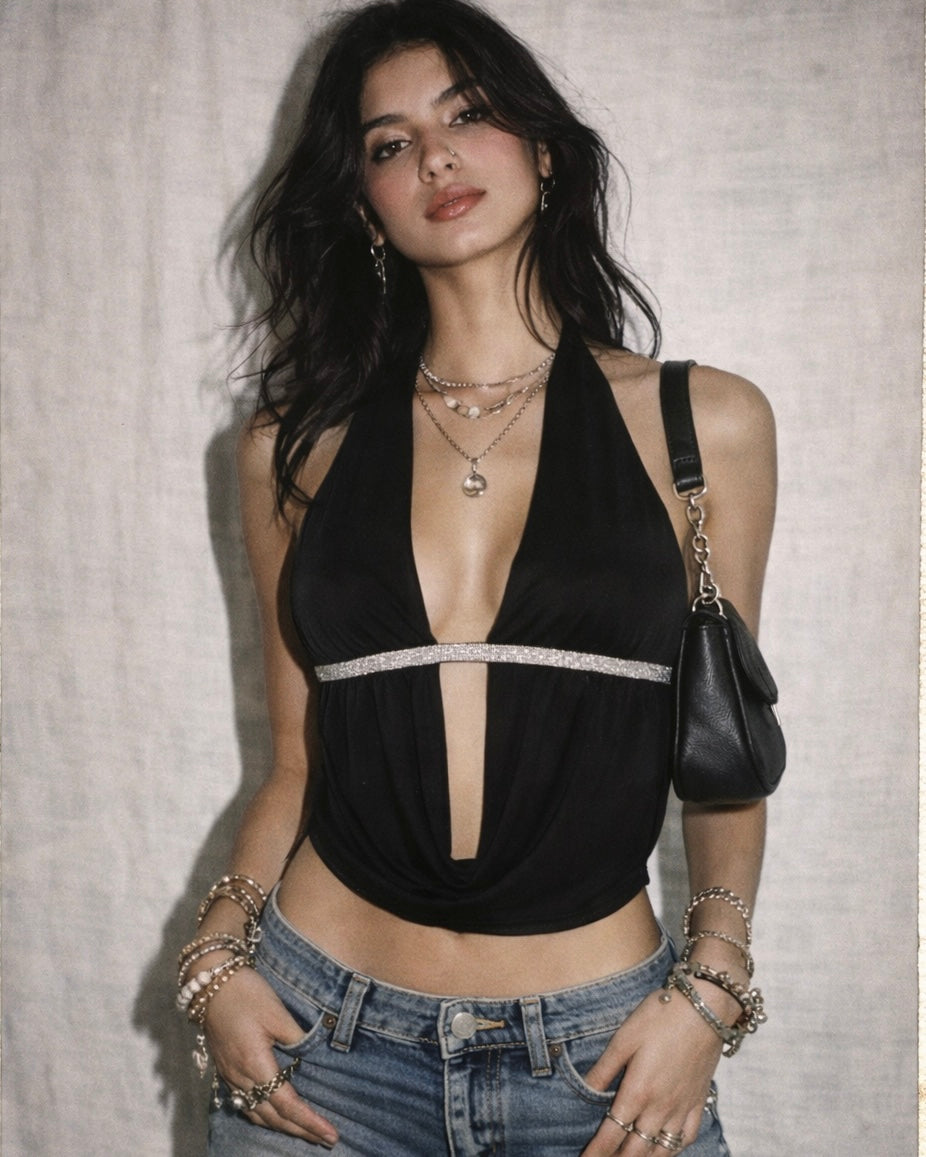 VIRAL MOMENT BACKLESS COWL SILVER STRAP HALTERNECK TOP