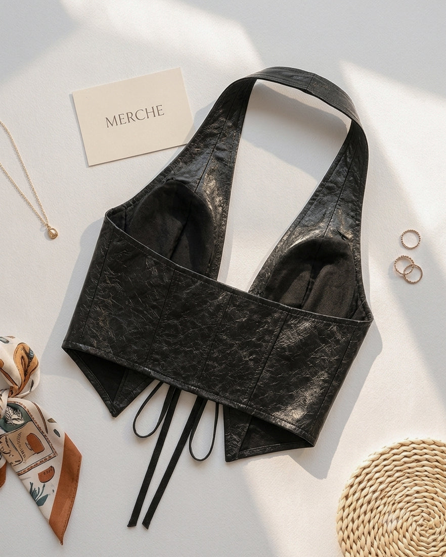 HIGH MAINTENANCE FAUX LEATHER BLACK HALTERNECK TOP