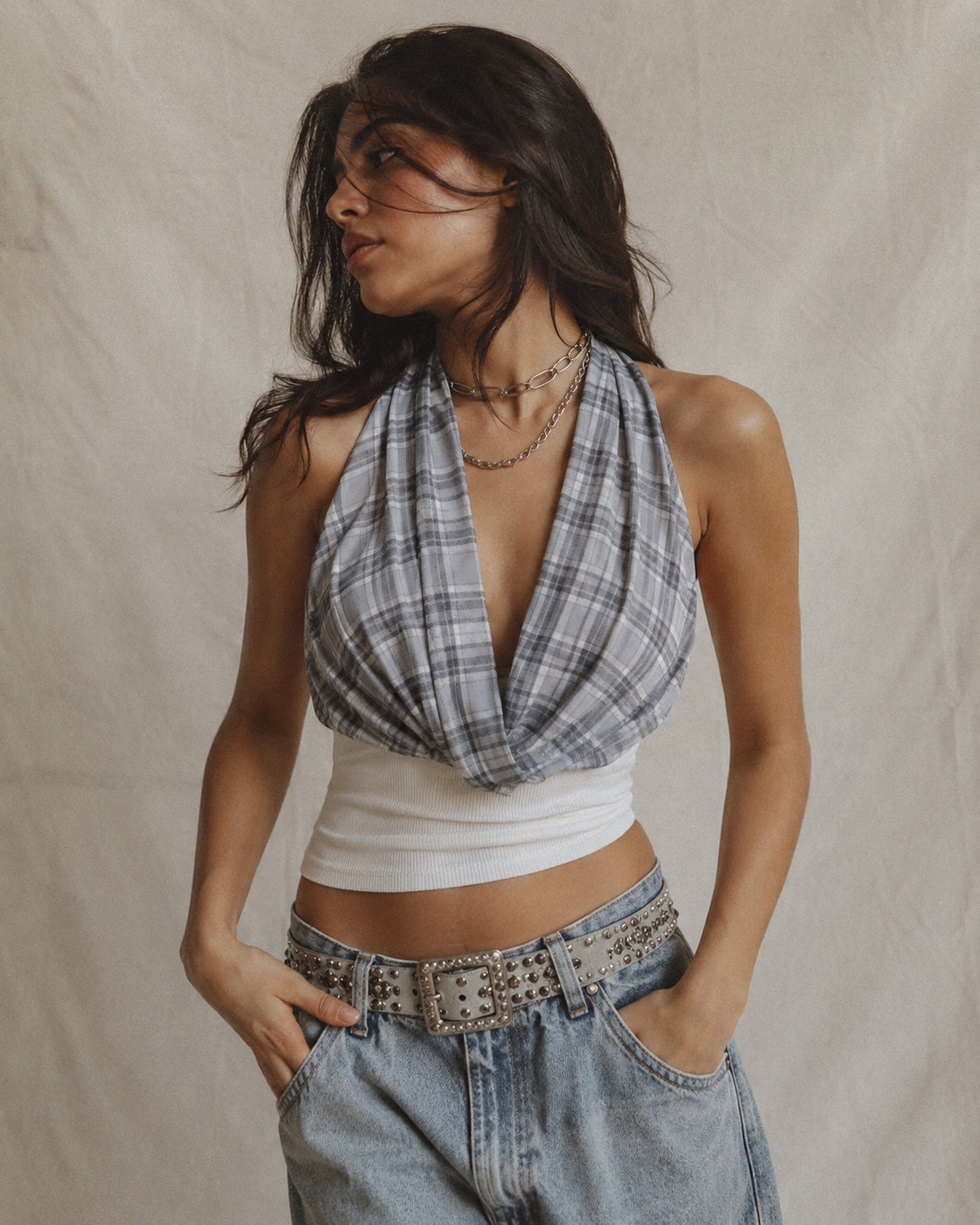 PLAID YOUR CARD PADDED COWL BOW-TIE HALTERNECK TOP
