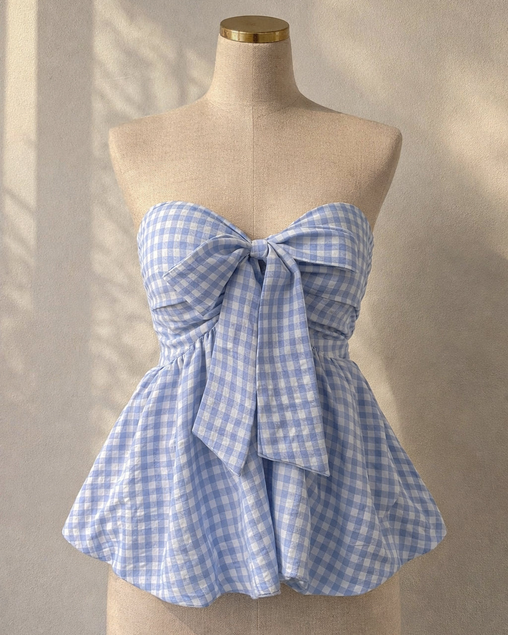 CHECKMATE BABE PADDED BOW BLUE GINGHAM TOP