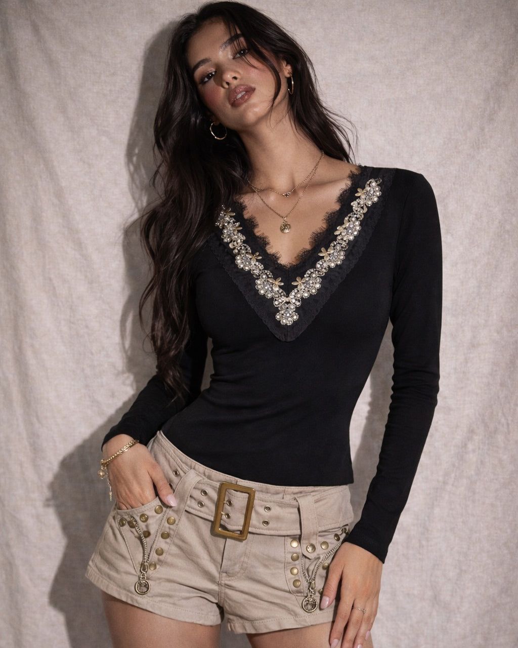 FROM A ROMCOM RHINESTONE EMBELLISHED BLACK LUXE TOP