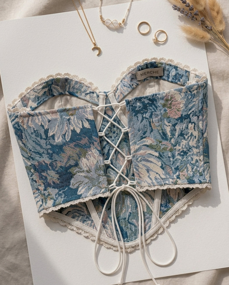 SOLIEL CHIC BLUE FLORAL JACQUARD CORSET