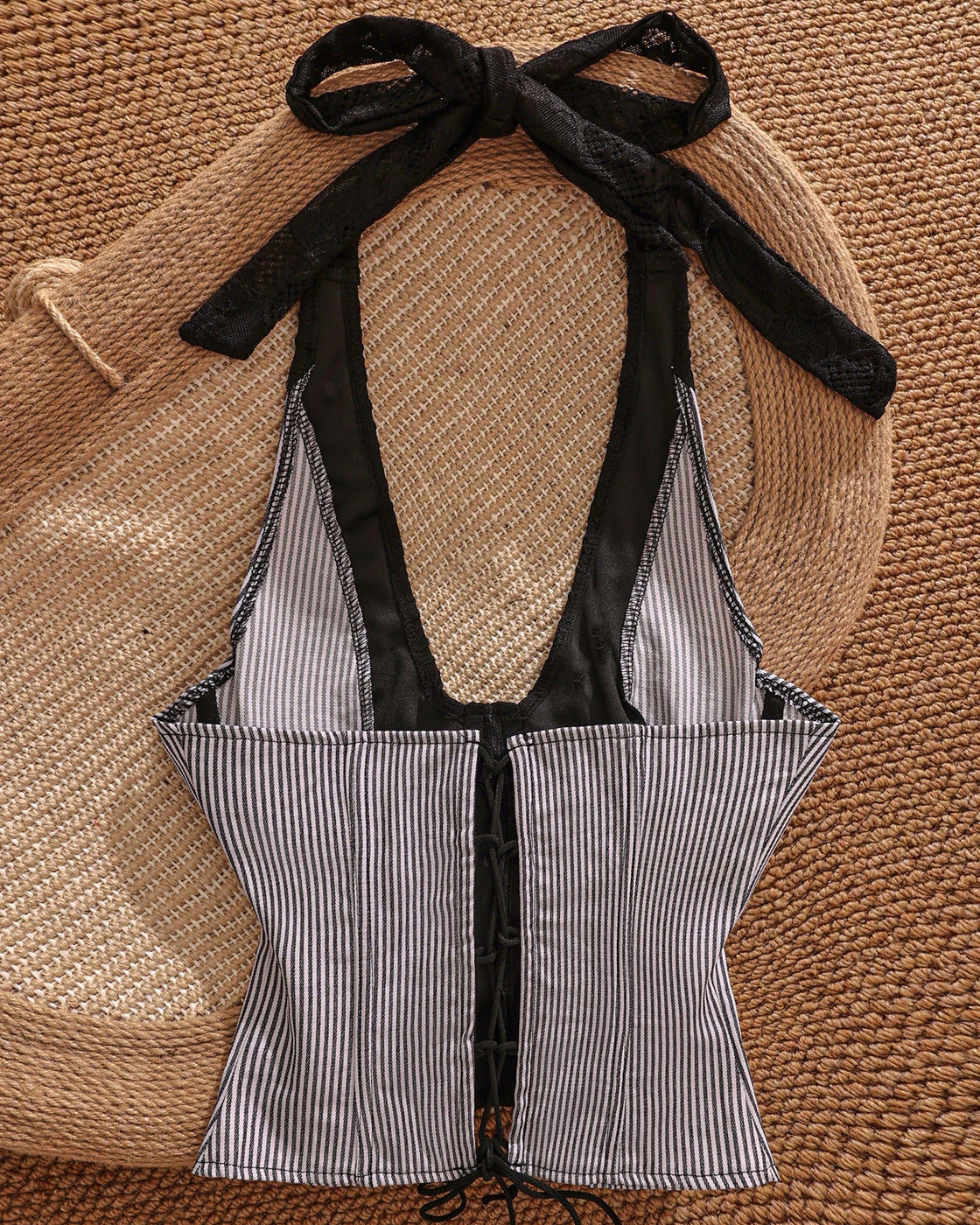 FAN CLUB LACE AND STRIPES CORSETED HALTERNECK TOP