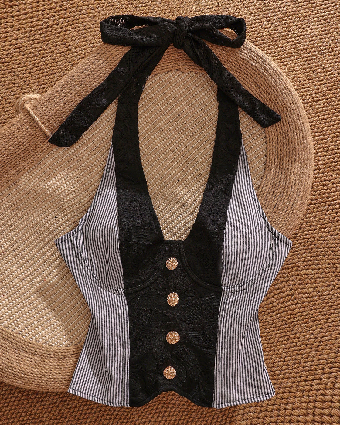 FAN CLUB LACE AND STRIPES CORSETED HALTERNECK TOP