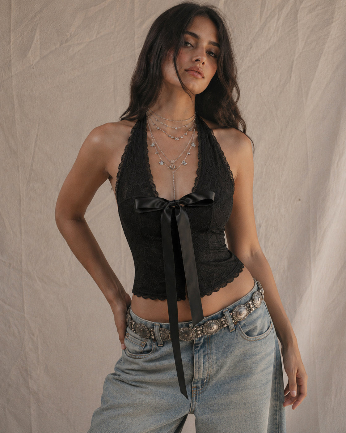 DINNER WITH ME PADDED LACEY HALTERNECK TOP