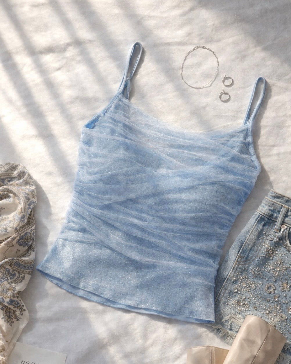 WINGS OF MINE MESH DRAPE LIGHT BLUE CAMI TOP