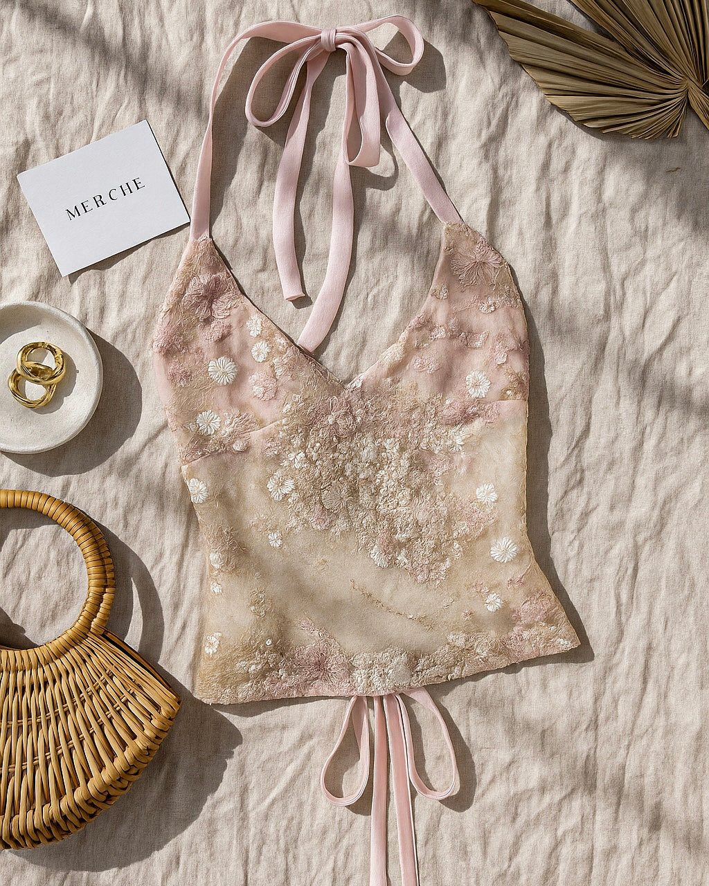 HIGH SCHOOL DRAMA EMBROIDERED HALTERNECK TOP