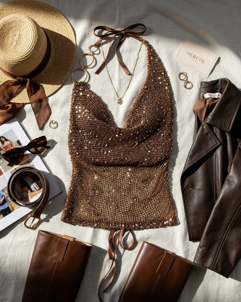 MAIN STAGE PASSES SHIMMER EMBELLISHED KNITTED HALTERNECK TOP