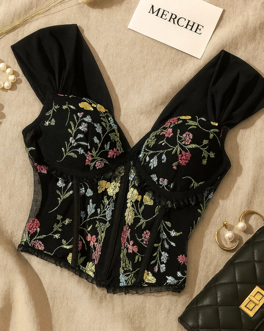 MORE MASCARA EMBROIDERED BLACK PADDED TOP