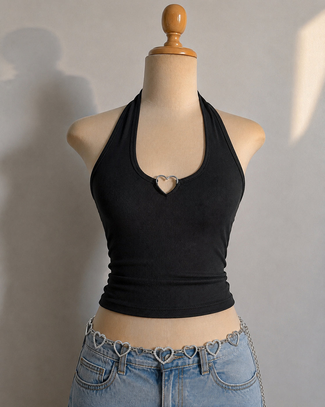 RESIST THE MADNESS METAL HEART RIBBED BLACK HALTERNECK TOP