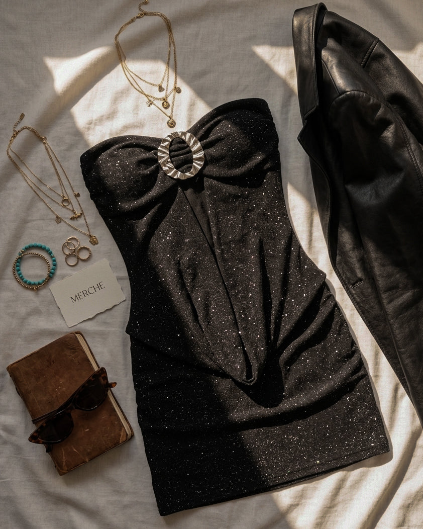 COCKTAIL HOUR SHIMMER COWL BLACK BANDEAU DRESS