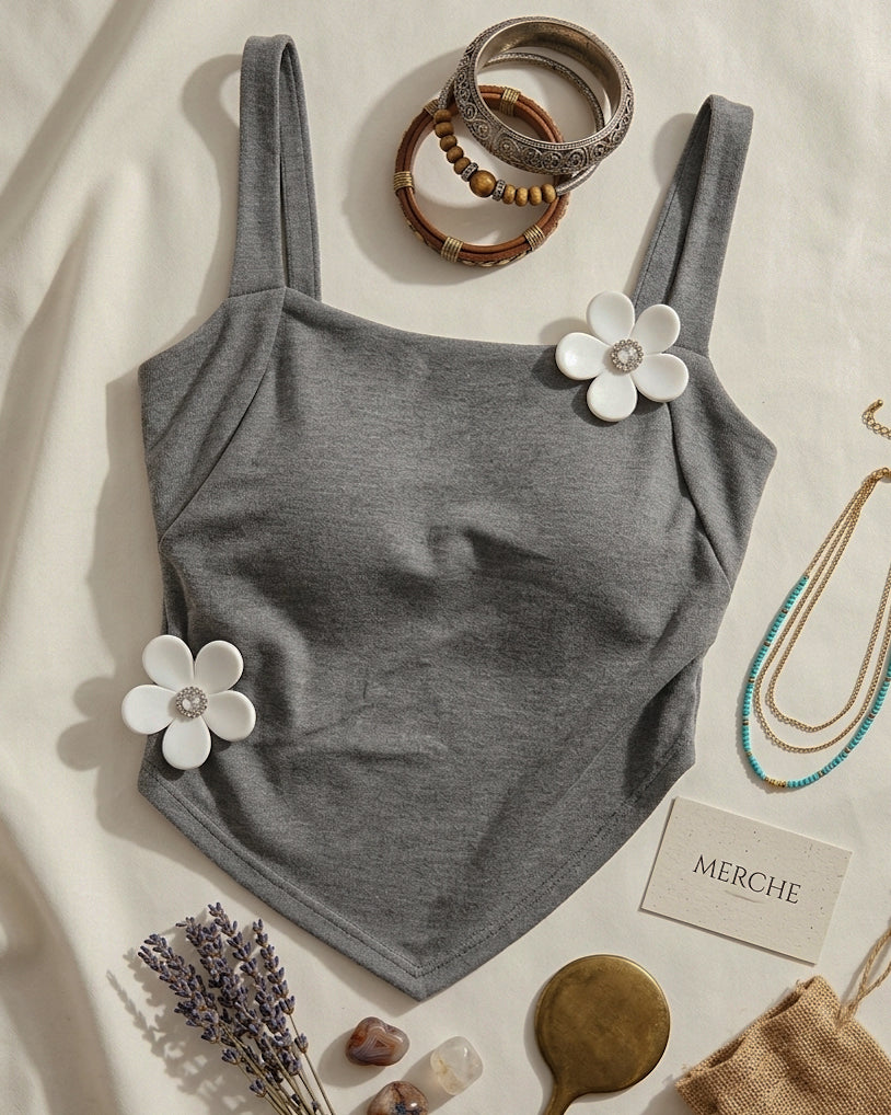 CUTE BUT FERAL APPLIQUE LUXE GREY ASYMMETRICAL CAMI TOP