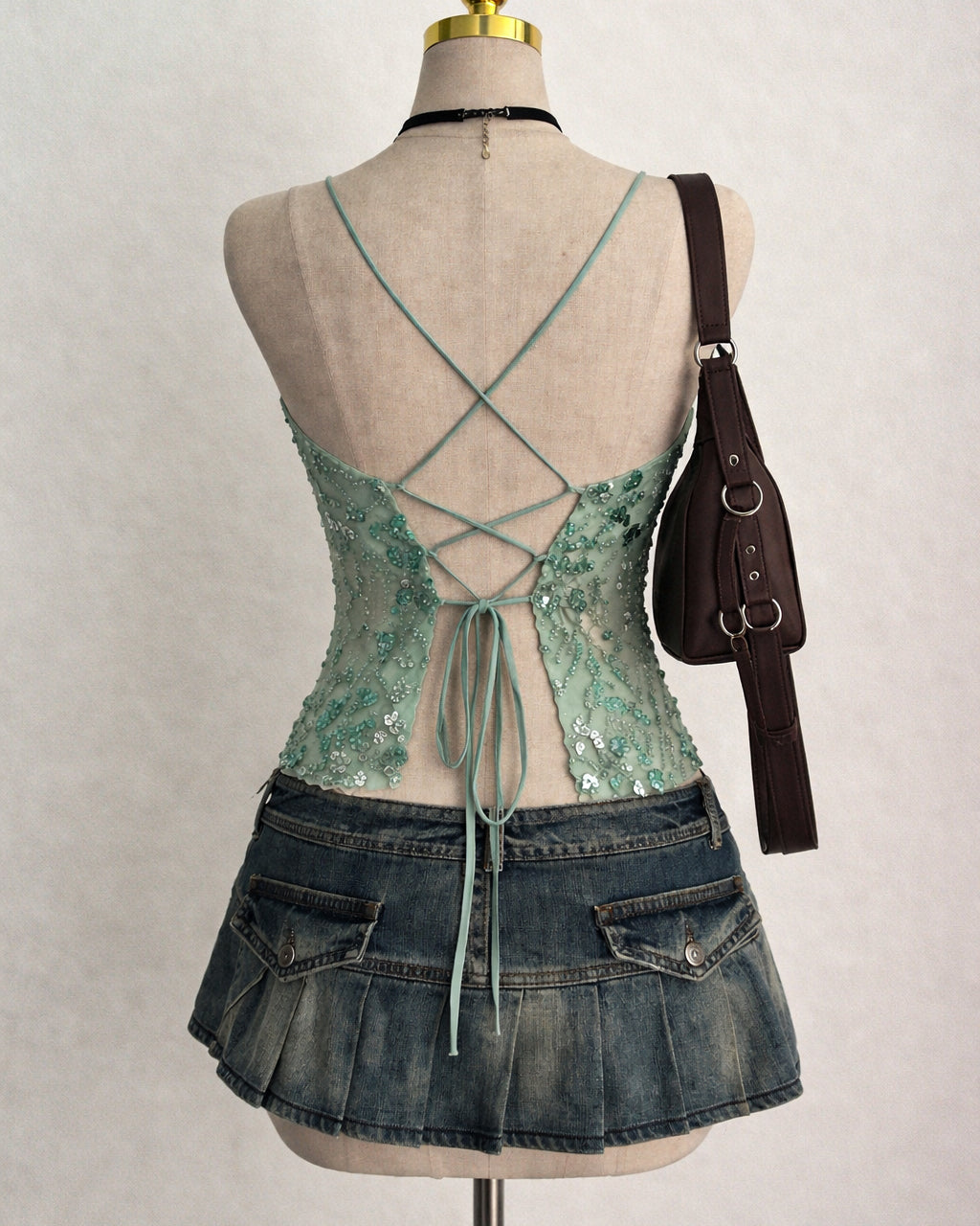 SHOTS ON ME EMBROIDERED SAGE GREEN CROSSBACK TOP