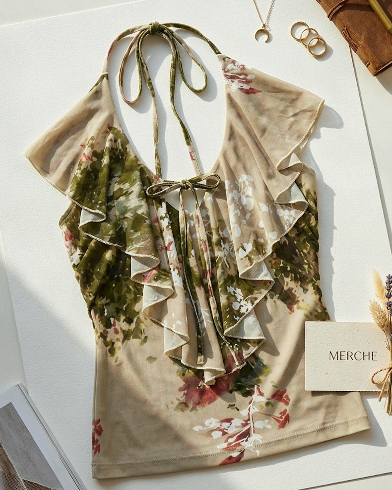 OUR CHEMISTRY RUFFLE MYSTICAL PRINT HALTERNECK TOP