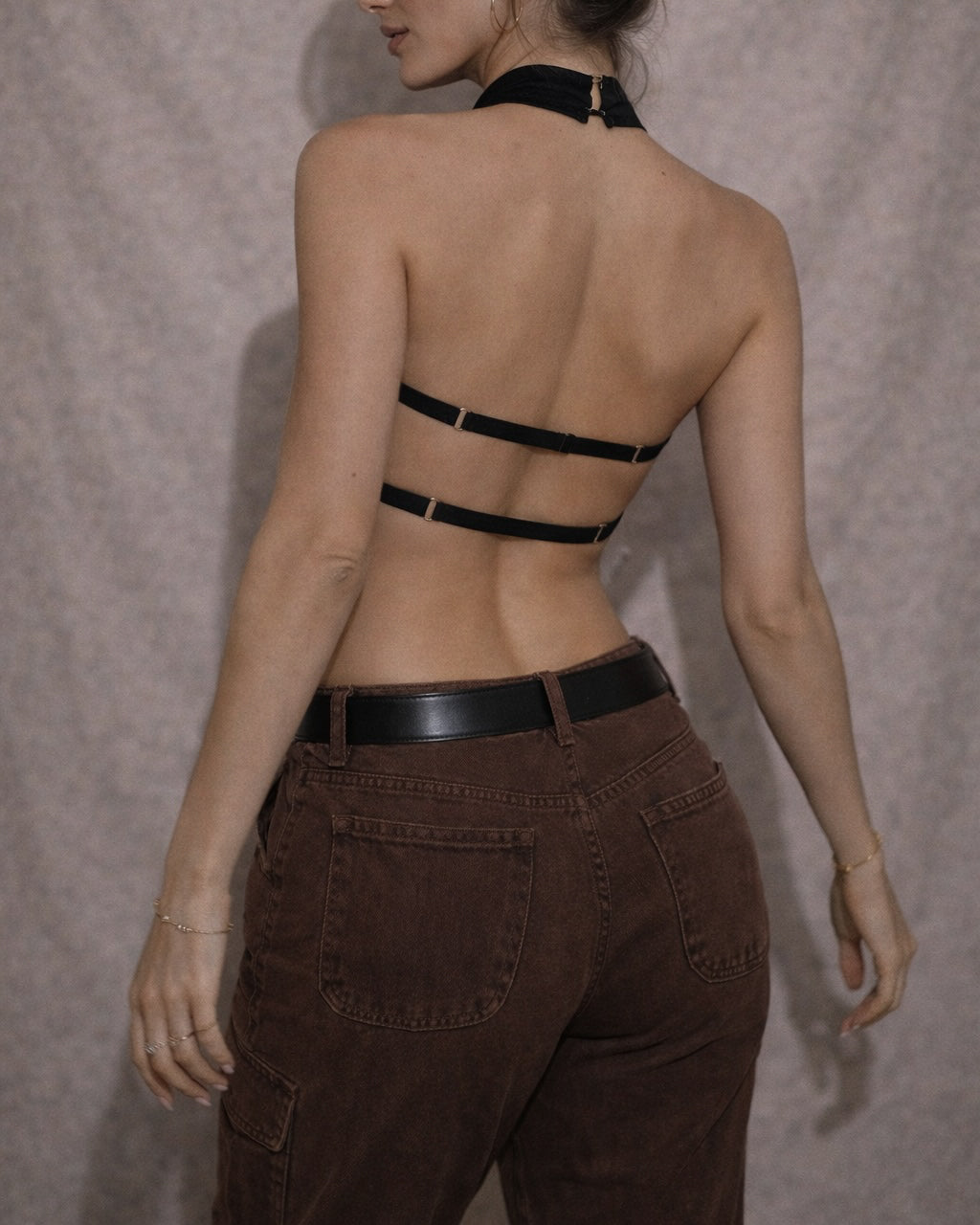 WHISPER NOTES BLACK BACKLESS COWL LUXE SATIN TOP