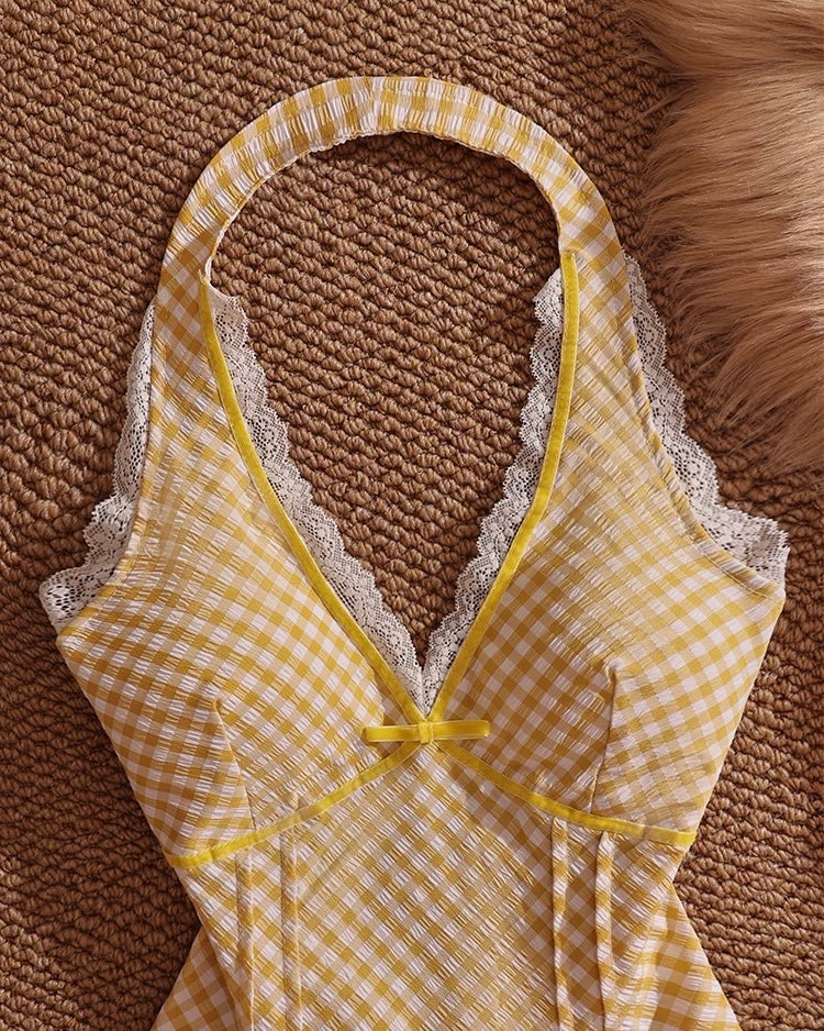 BEIGE NINETEEN BOW BACK CHECKS YELLOW HALTERNECK TOP