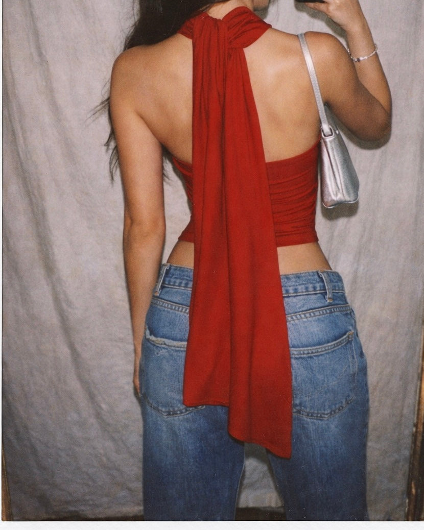 PAST LIFE DRAPE LUXE RED HALTERNECK TOP
