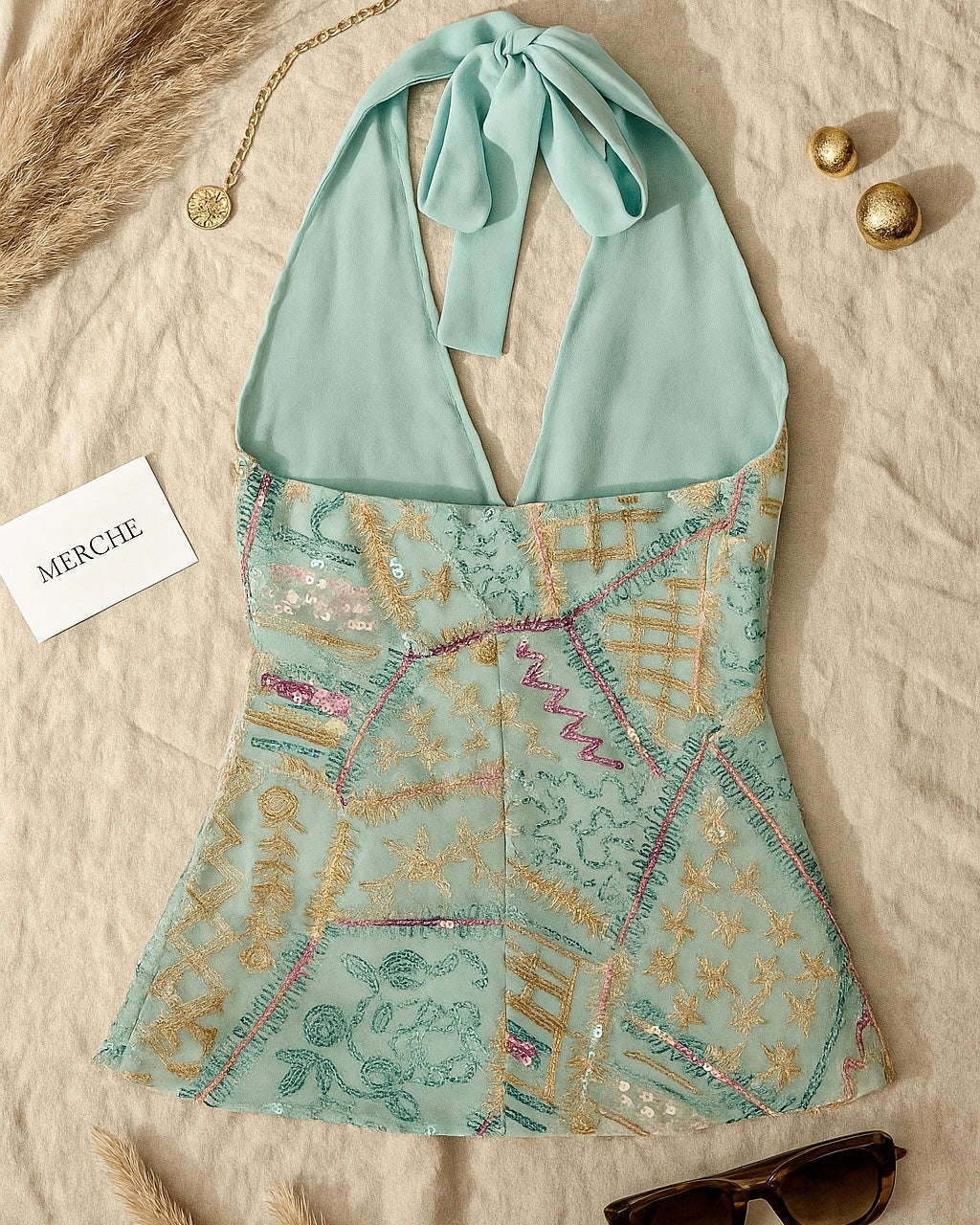 BOHO MARTINI EMBROIDERED BLUE HALTERNECK TOP