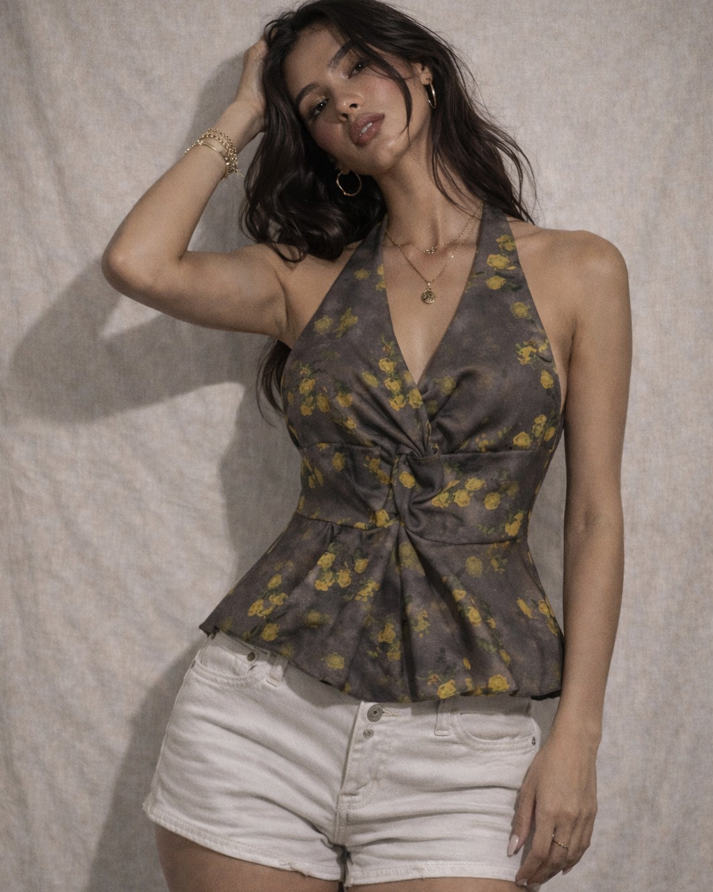FIX MY HEART ROSES GREY HALTERNECK TOP